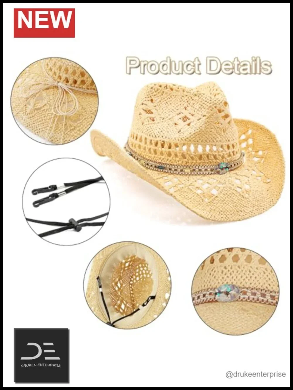 Natural Straw Cowboy Hat with Shapeable Brim for Women Men